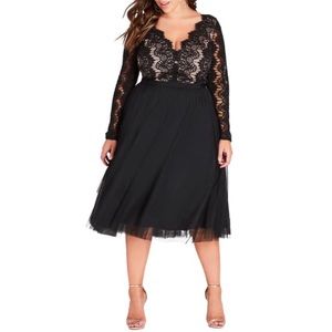 CITY CHIC Rare Beauty Black Tulle Lace Midi Dress